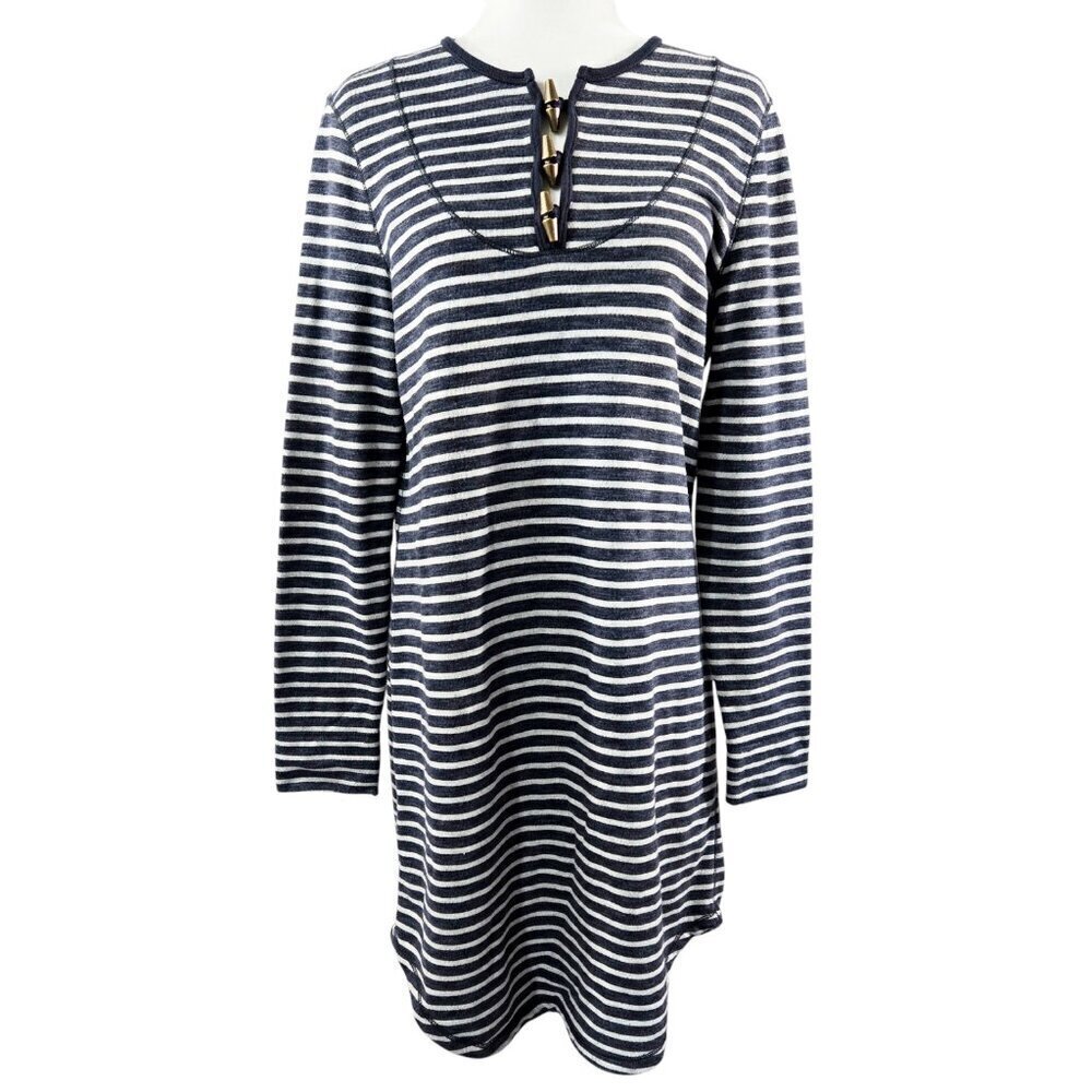 Lauren Ralph Lauren Navy Blue Gray Stripe Toggle Collar Knit Dress Nautical